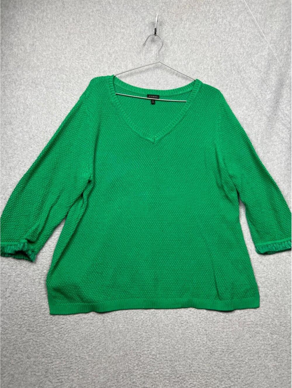 Talbots Waffle Knit Pullover Sweater Womens XL Kelly Green Casual V Neck Comfort